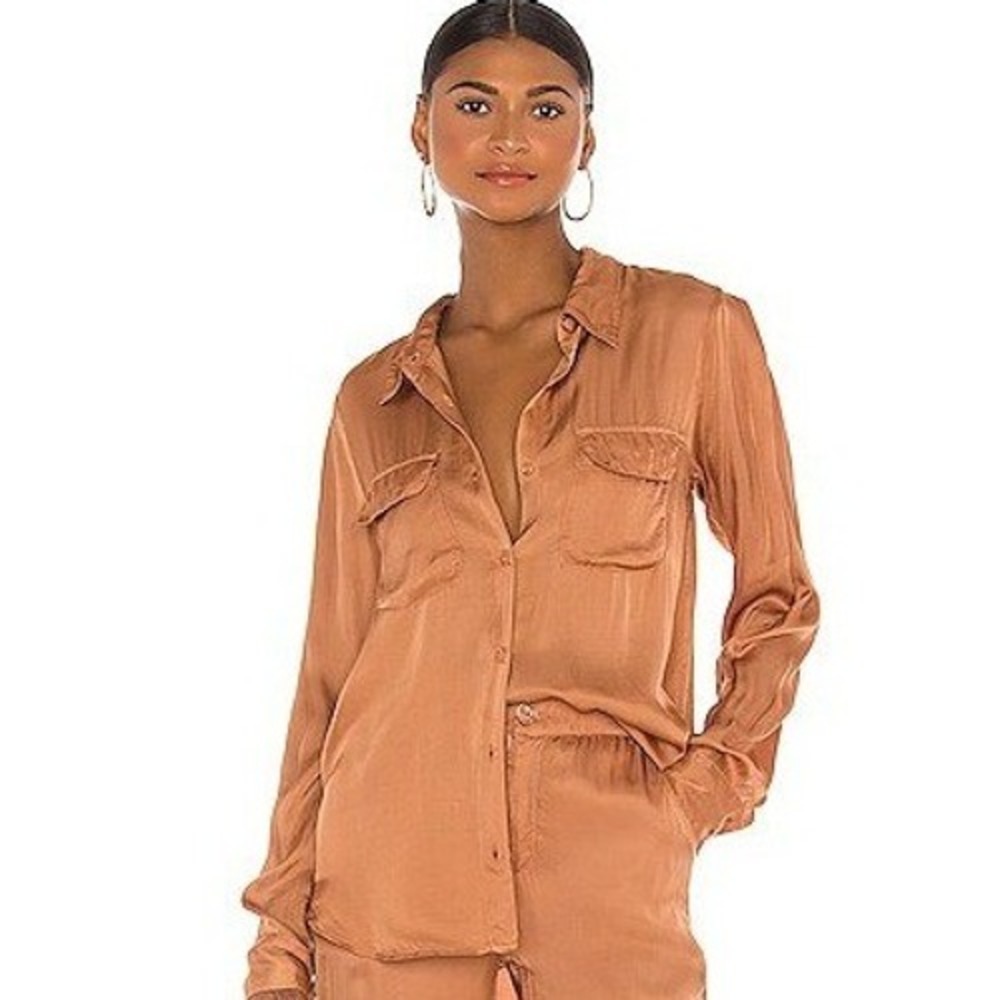 Young Fabulous & Broke Brown Roll Tab Sleeve Button Up Blouse Womens Small